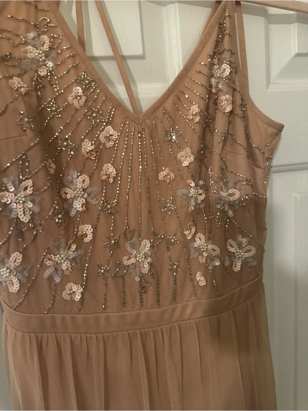 Beaded Floral Maxi Dress in Nude Tan flapper vintage inspired feminine